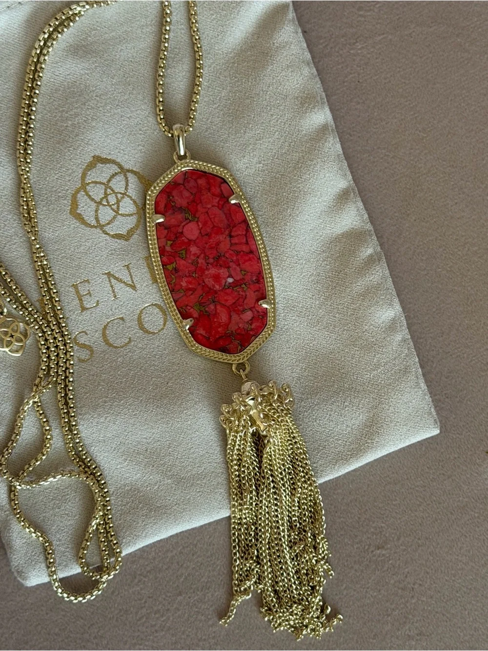 Kendra Scott Rayne Gold Long Tassel Necklace – Red/Coral Composite Stone